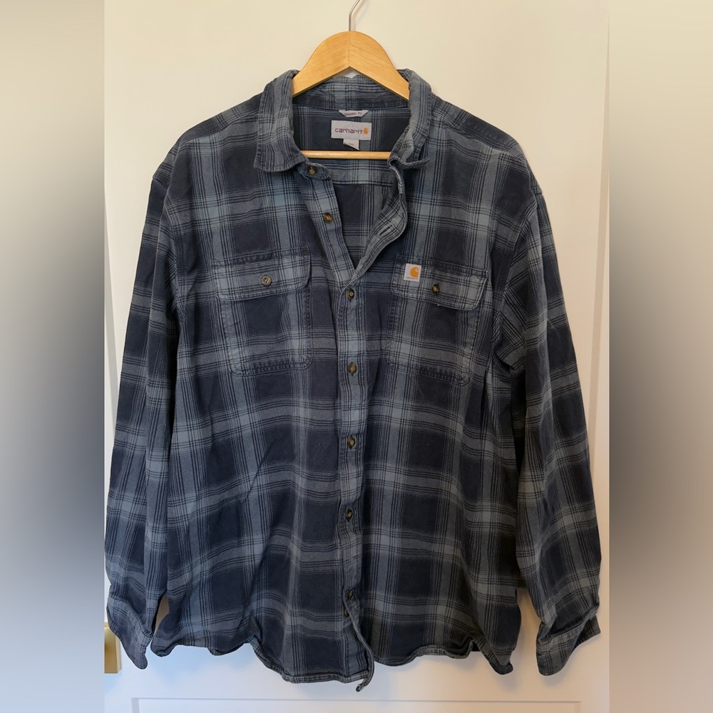 Carhartt Men's Blue Plaid Long-Sleeve Button-Down Shirt Well Worn Size 2XL
